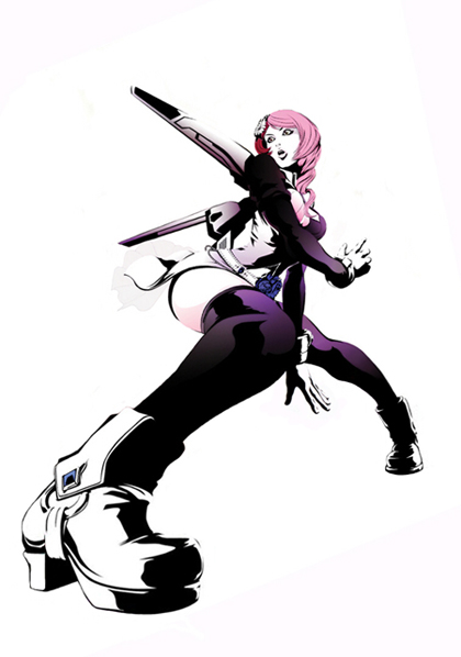 1girl, alisa_boskonovich, android, asymmetrical_hair, foreshortening, fujisawa_tomio, full_body, green_eyes, knees_together_feet_apart, namco, official_art, pink_hair, purple_legwear, redhead, short_hair, solo, squatting, tekken, tekken_tag_tournament_2, thigh-highs, thrusters