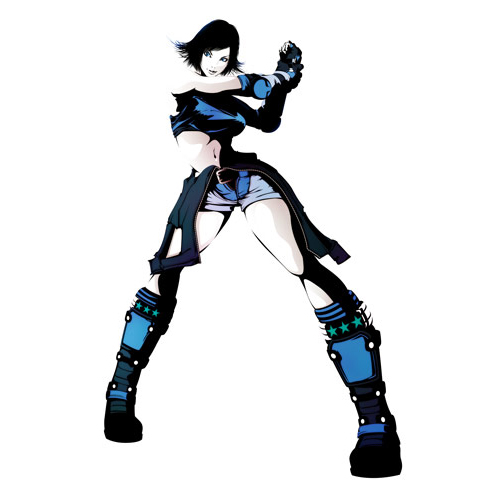 1girl, bangs, belt, black_hair, boots, breasts, clothes_around_waist, crop_top, elbow_gloves, elbow_pads, fingerless_gloves, fujisawa_tomio, full_body, gloves, kazama_asuka, knee_boots, lowres, midriff, namco, official_art, short_hair, solo, swept_bangs, tekken, tekken_tag_tournament_2, unitard, unzipped
