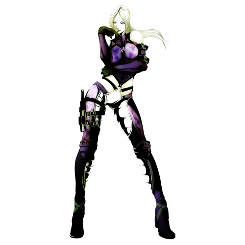 1girl, bangs, bare_shoulders, blonde_hair, blue_eyes, bodysuit, boots, breasts, contrapposto, elbow_gloves, fujisawa_tomio, full_body, gloves, high_heel_boots, high_heels, holster, long_hair, long_legs, lowres, namco, nina_williams, official_art, parted_bangs, ponytail, solo, tekken, tekken_tag_tournament_2, thigh_holster, white_background