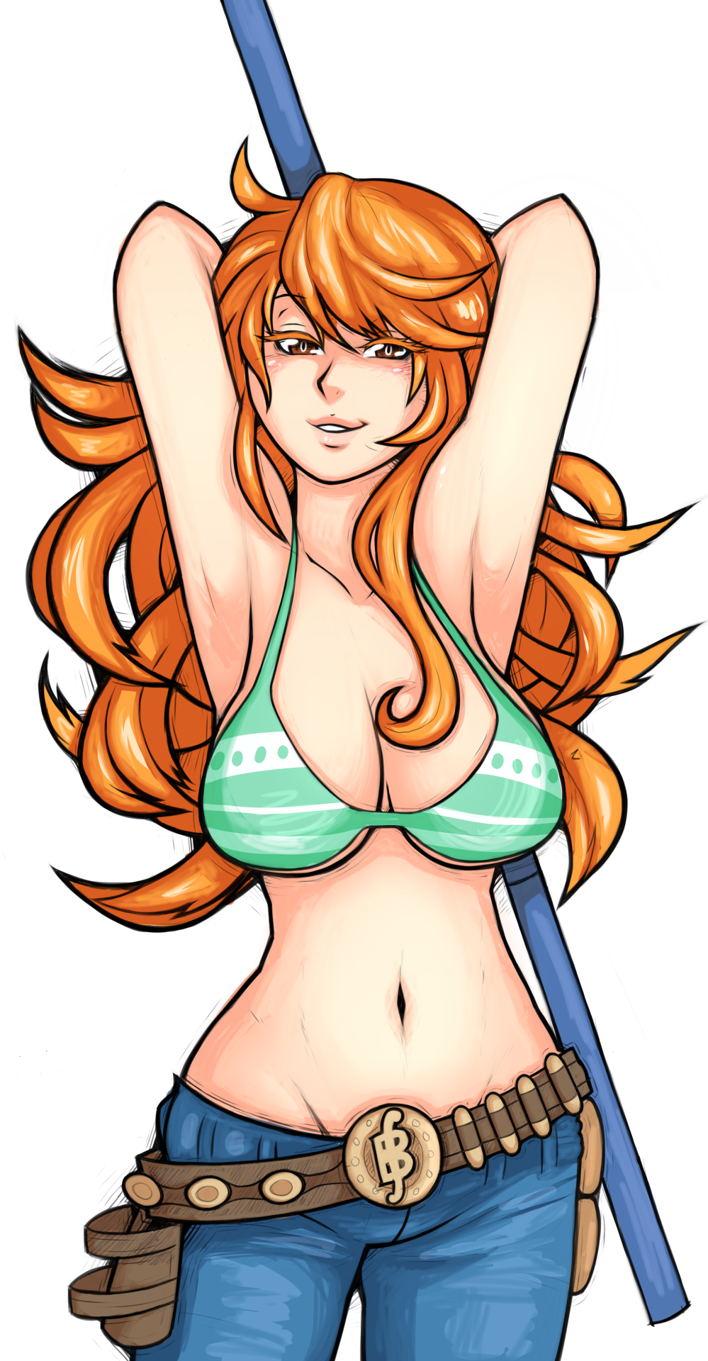 1girl, antiheld, armpits, arms_up, belt_buckle, bikini_top, breasts, brown_eyes