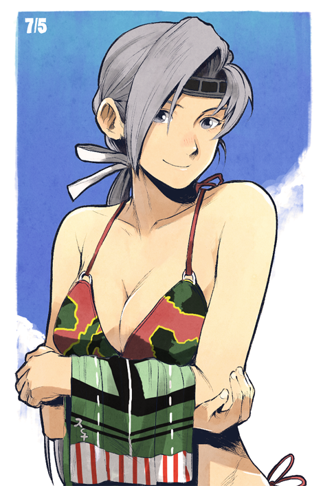 1girl, adapted_costume, bikini, blue_sky, breasts, camouflage, camouflage_bikini, chitose_(kantai_collection)