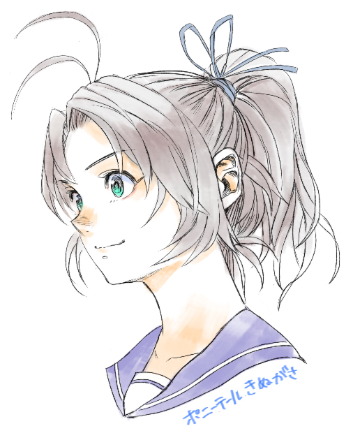 1girl, alternate_hairstyle, antenna_hair, blue_eyes, blue_ribbon, hair_ribbon, hiro_(chumo), kantai_collection