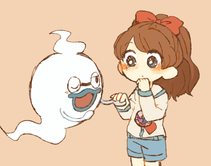 1girl, black_eyes, blue_eyes, blue_lips, blush, brown_hair, ghost, high_ponytail