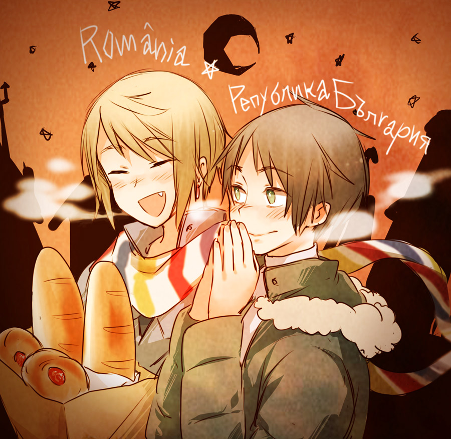 2boys, axis_powers_hetalia, bag, blonde_hair, blush, bread, breath, brown_hair