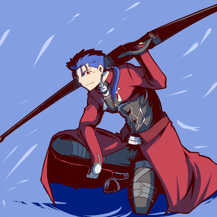 1boy, archer, archer_(cosplay), arm_support, blue_hair, bow_(weapon), earrings, fate/stay_night