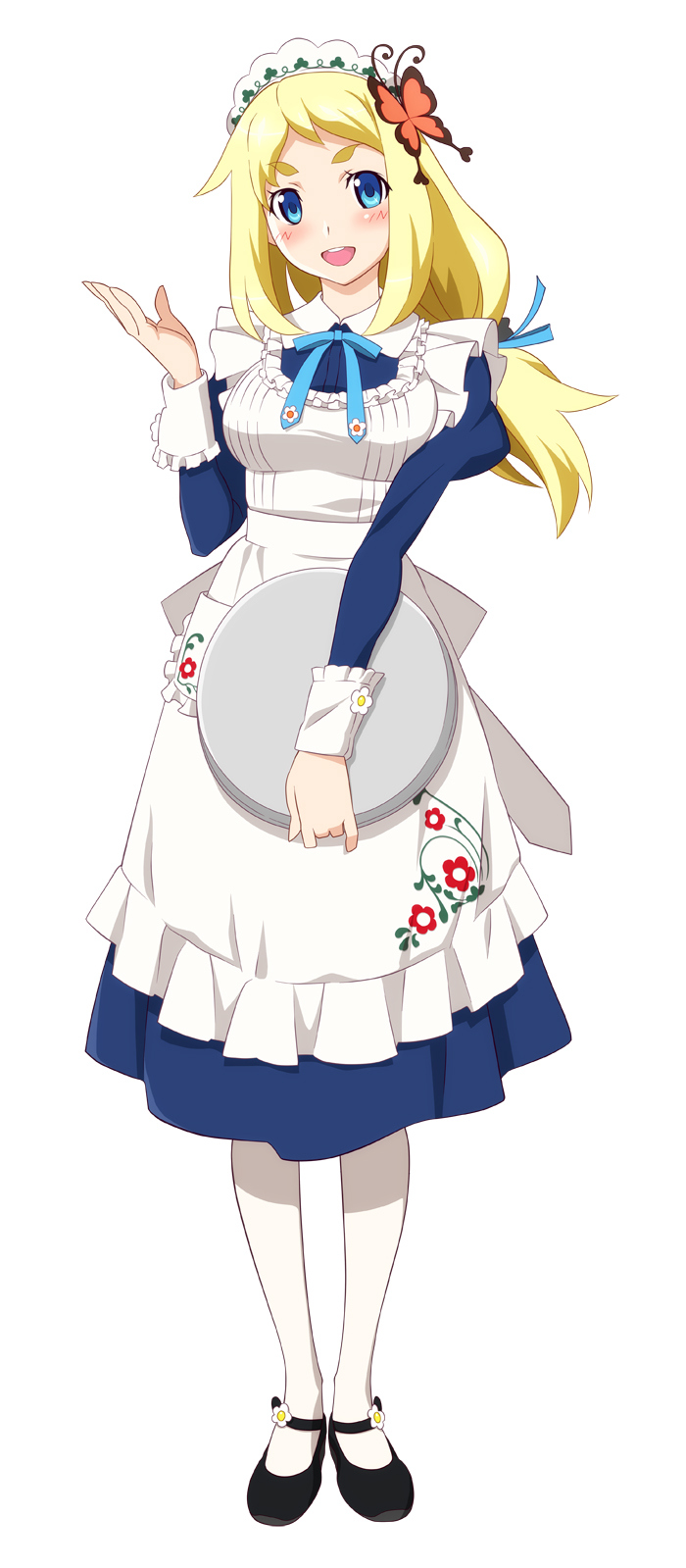 1girl, akiba's_trip_2, apron, blonde_hair, eyebrows, hair_ornament, hair_ribbon, headdress