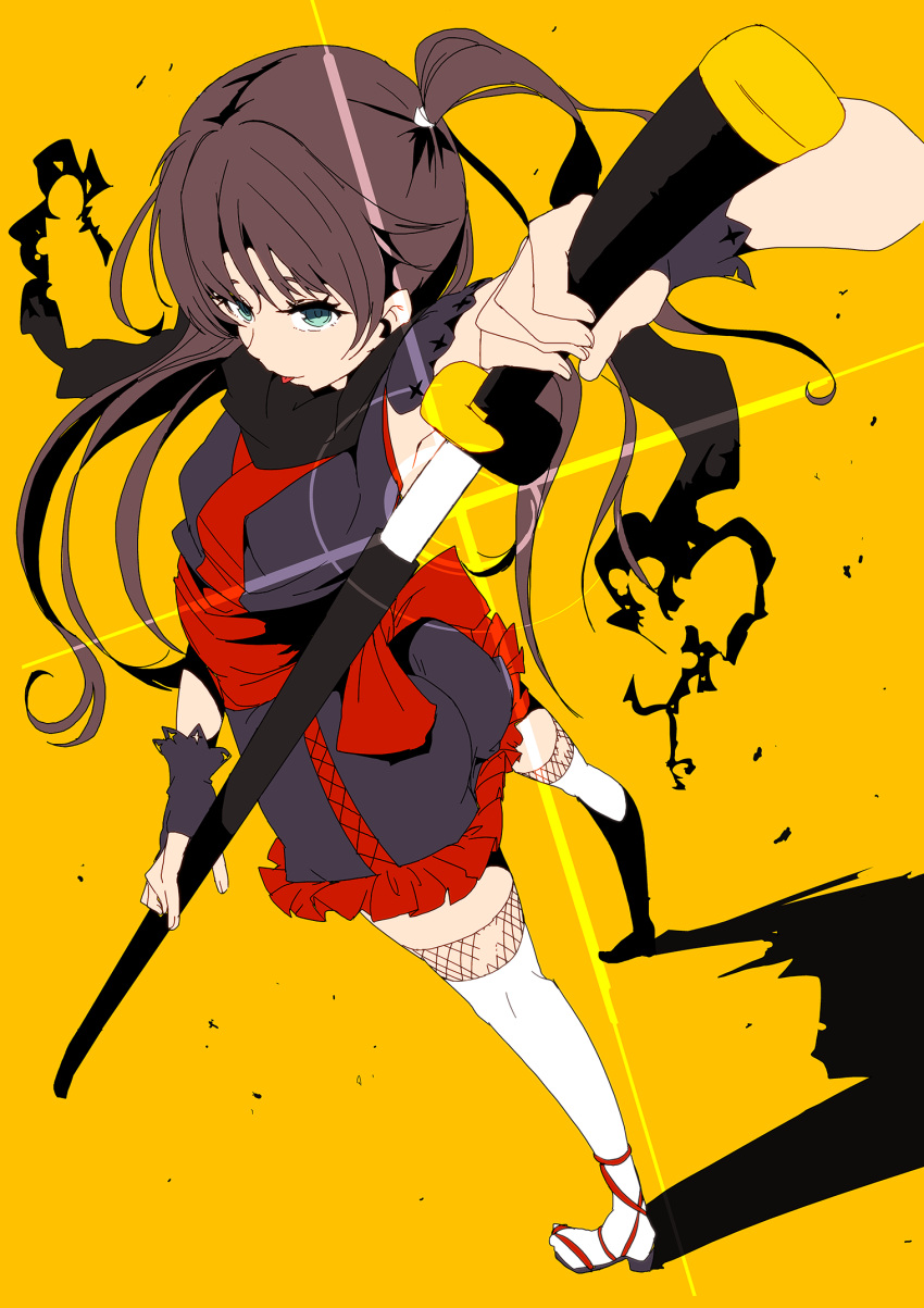 brown_hair, green_eyes, highres, katana, ninja, scarf, shadow, shiun_sanchou