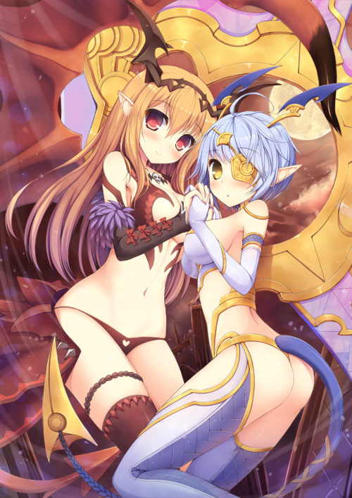 2girls, ass, brown_legwear, demon_girl, elbow_gloves, eyepatch, gloves, hair_between_eyes