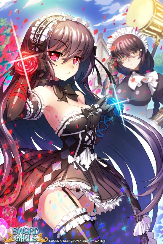 2girls, artist_name, bare_shoulders, black_gloves, black_hair, black_legwear, bow, breasts