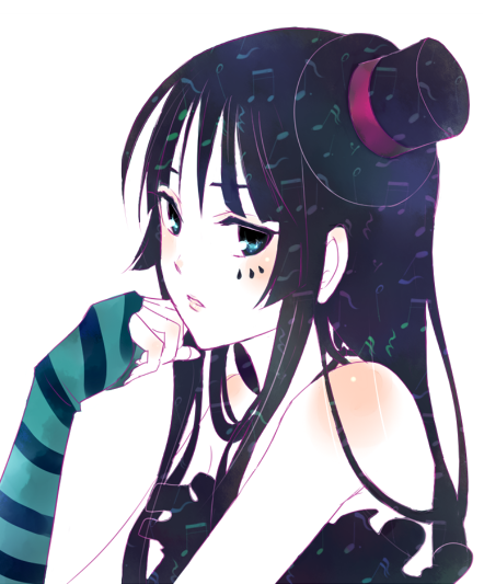 1girl, akiyama_mio, bad_id, bangs, bare_shoulders, black_hair, blue_eyes, blunt_bangs