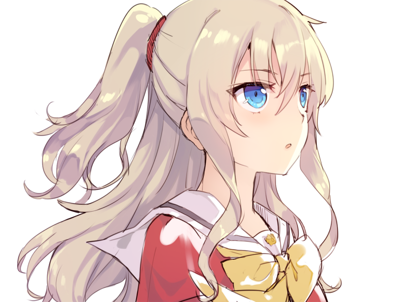 1girl, blonde_hair, blue_eyes, charlotte_(anime), long_hair, momoko_(momopoco), school_uniform, simple_background