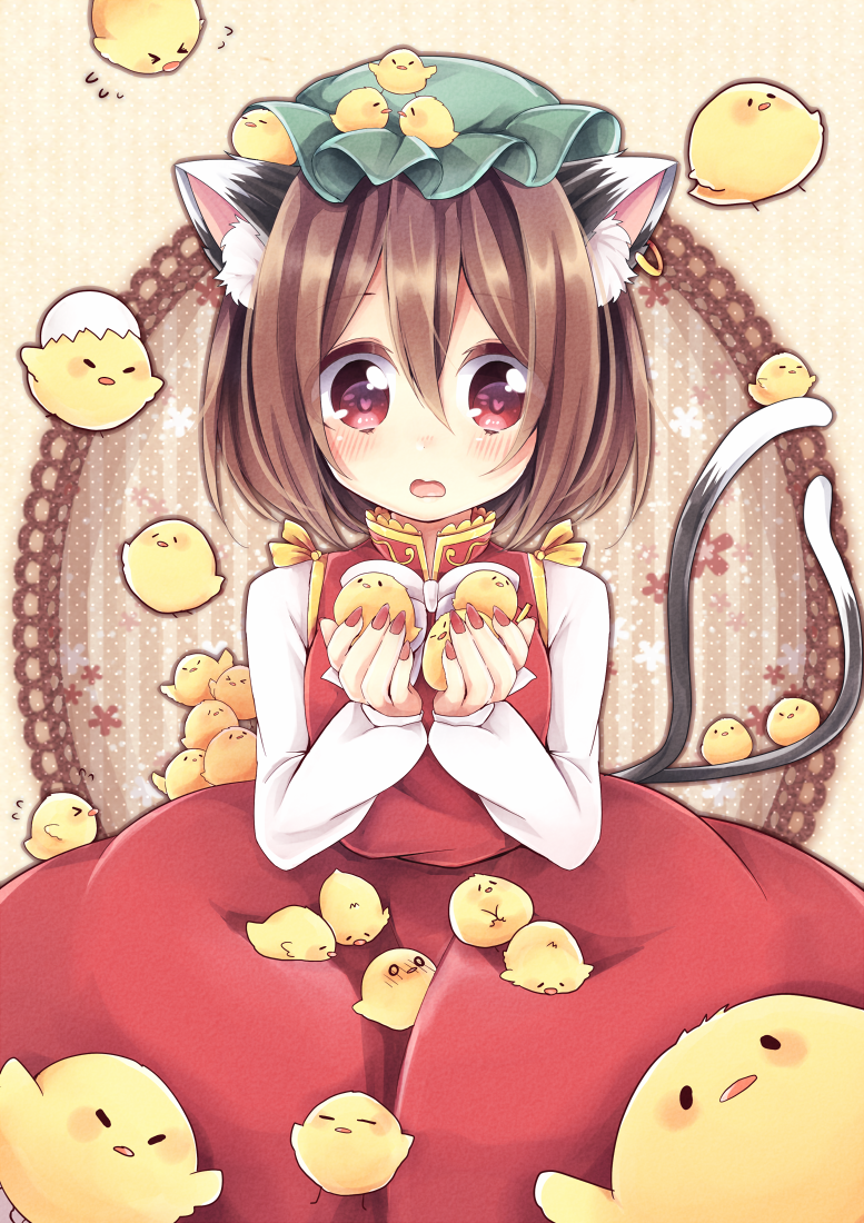 >_<, 1girl, animal_ears, blush, brown_hair, cat_ears, cat_tail, chen