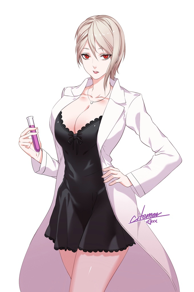 1girl, artist_name, black_dress, breasts, brown_hair, cleavage, collarbone, cowboy_shot
