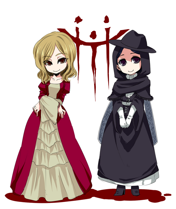 2girls, adella_the_nun, arianna_(bloodborne), black_hair, blonde_hair, bloodborne, dress, gloves