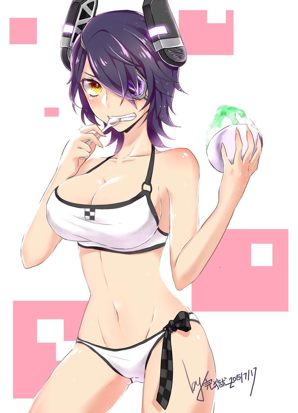 1girl, amy7996659, bare_shoulders, bra, breasts, collarbone, cowboy_shot, dated, headgear, highres, kantai_collection, navel, panties, purple_hair, shaved_ice, short_hair, signature, solo, spoon, sports_bra, tenryuu_(kantai_collection), underwear, white_bra, white_panties, yellow_eyes