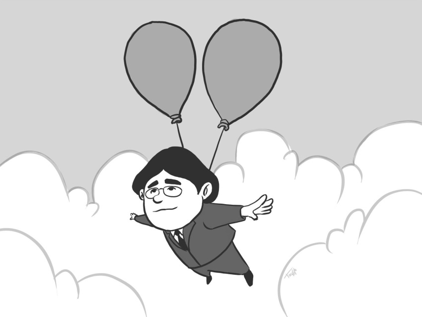 1boy, artist_request, balloon, balloon_fight, black_hair, clouds, formal, glasses
