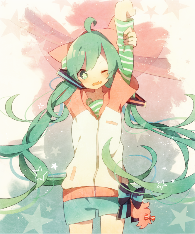 1girl, ahoge, arm_up, cowboy_shot, fang, green_eyes, green_hair, hatsune_miku