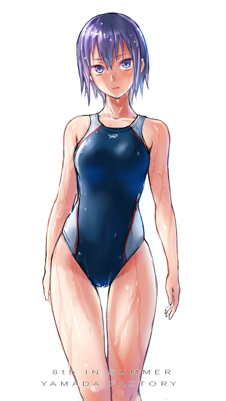 1girl, blue_eyes, competition_swimsuit, highres, one-piece_swimsuit, original, purple_hair, short_hair