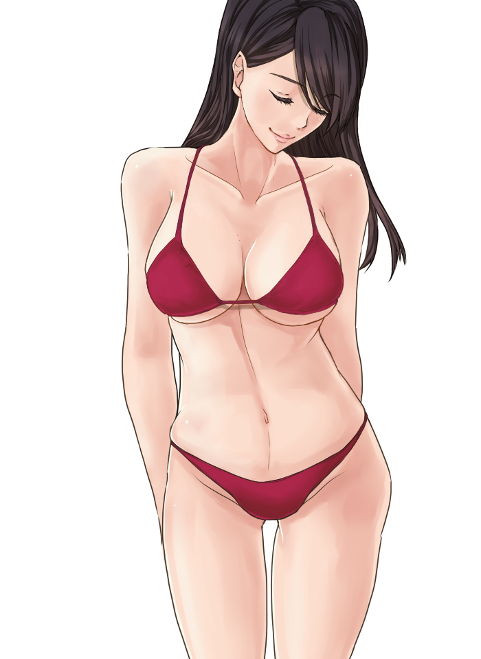 1girl, bikini, black_hair, closed_eyes, long_hair, nono_(noppodesu), original, smile, standing, swimsuit