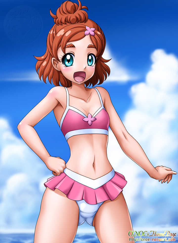 1girl, bikini, blue_eyes, brown_hair, go!_princess_precure, haruno_haruka, onoe, open_mouth