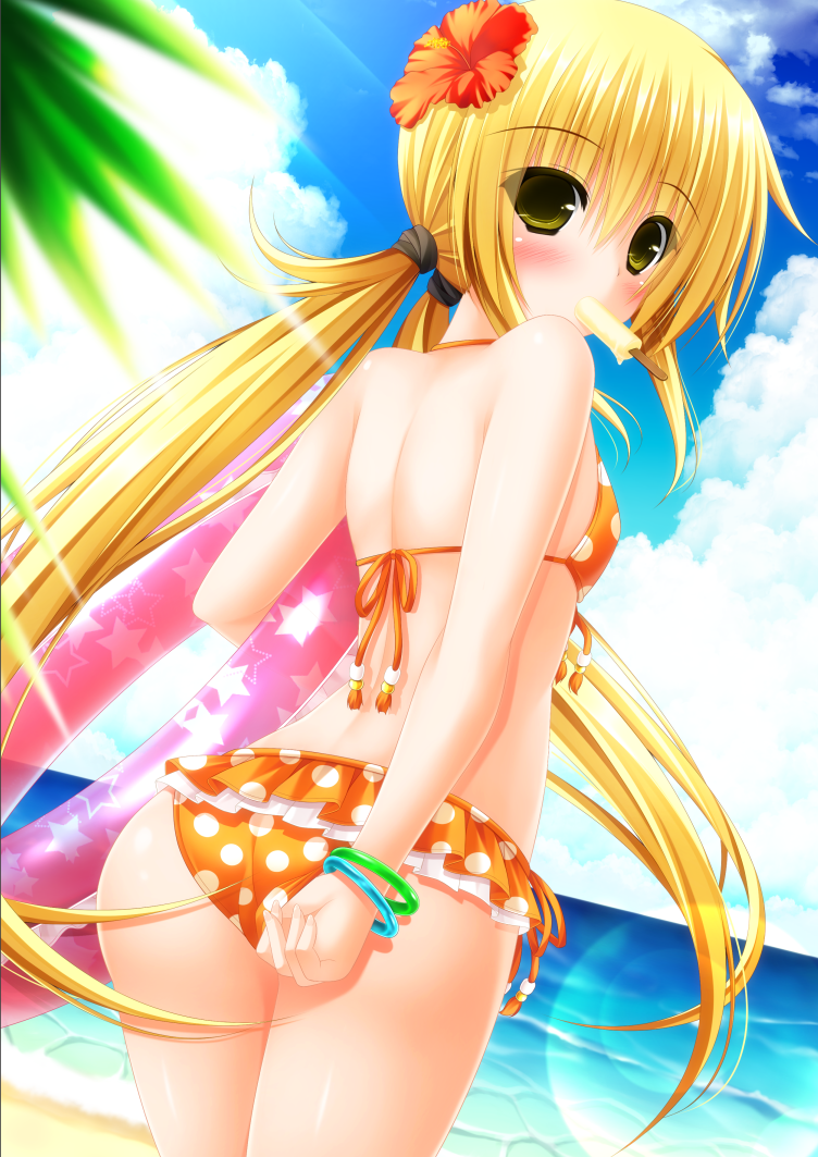 1girl, ass, bikini, blonde_hair, flower, from_behind, hair_flower, hair_ornament