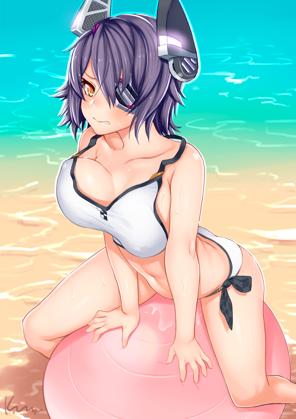 1girl, beach, bikini, bouncing_breasts, breasts, cleavage, collarbone, eyepatch