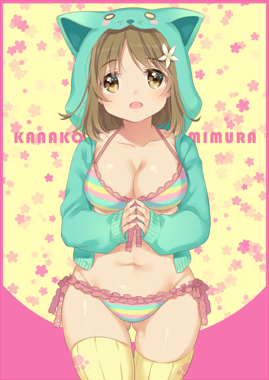 1girl, animal_hood, bikini, breasts, brown_eyes, brown_hair, cat_hood, flower