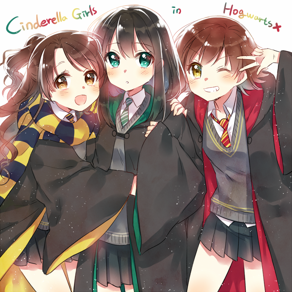 3girls, brown_eyes, brown_hair, green_eyes, harry_potter, hogwarts_uniform, honda_mio, idolmaster, idolmaster_cinderella_girls, long_hair, manle, multiple_girls, necktie, open_mouth, scarf, school_uniform, shibuya_rin, shimamura_uzuki, short_hair, side_ponytail, smile, wide_sleeves