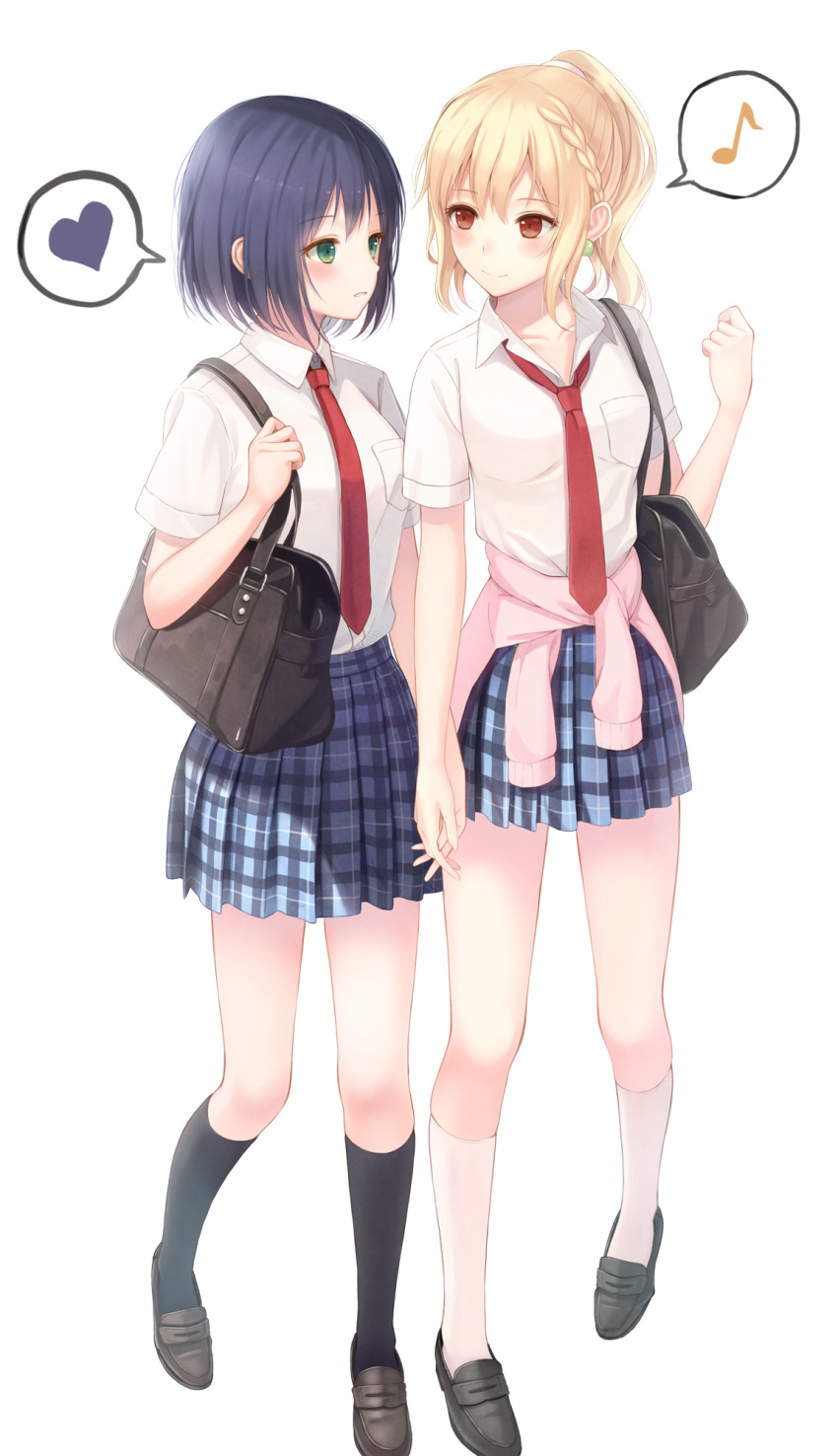 2girls, blonde_hair, blush, earrings, green_eyes, highres, hinabita, holding_hands