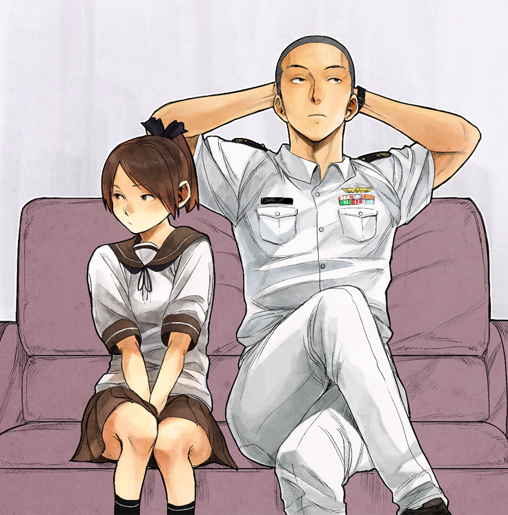 1boy, 1girl, admiral_(kantai_collection), arms_behind_head, between_legs, black_ribbon, brown_eyes, brown_hair