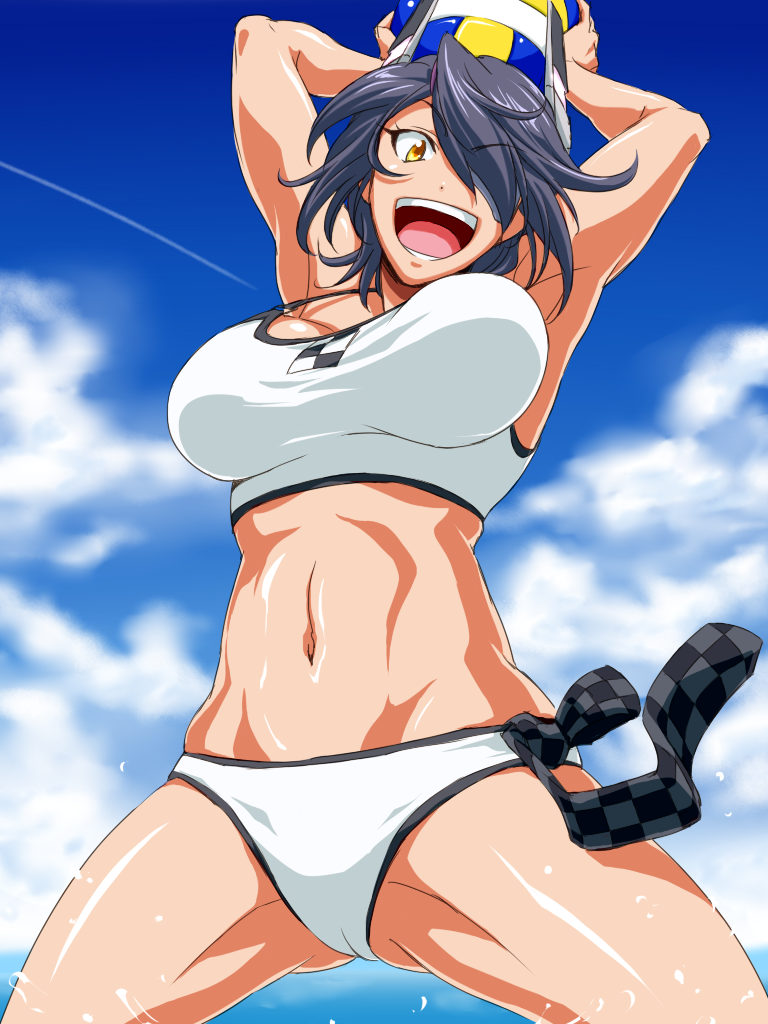 1girl, :d, alternate_costume, ball, bikini, breasts, checkered_necktie, crop_top
