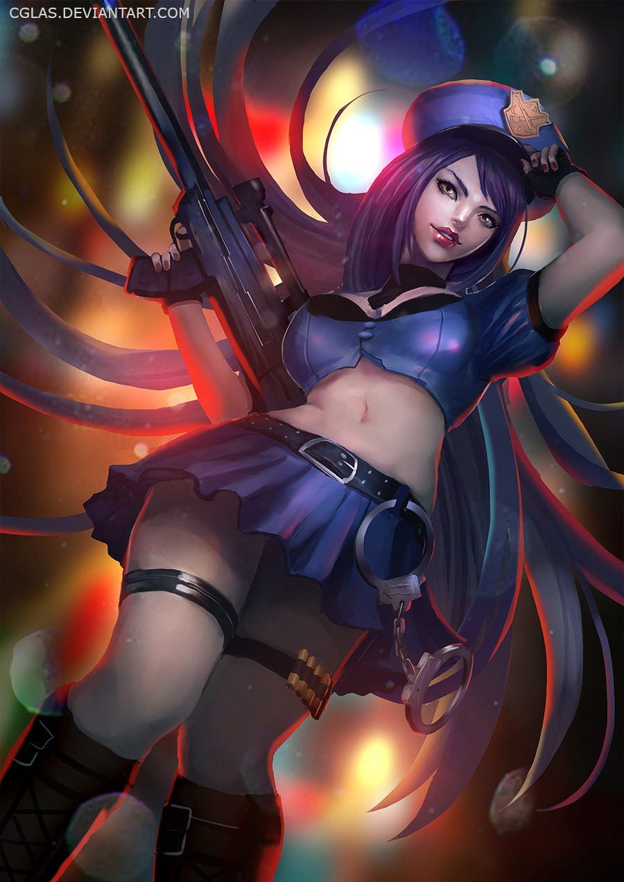 1girl, alternate_costume, ammunition, belt, boots, breasts, caitlyn_(league_of_legends), cglas