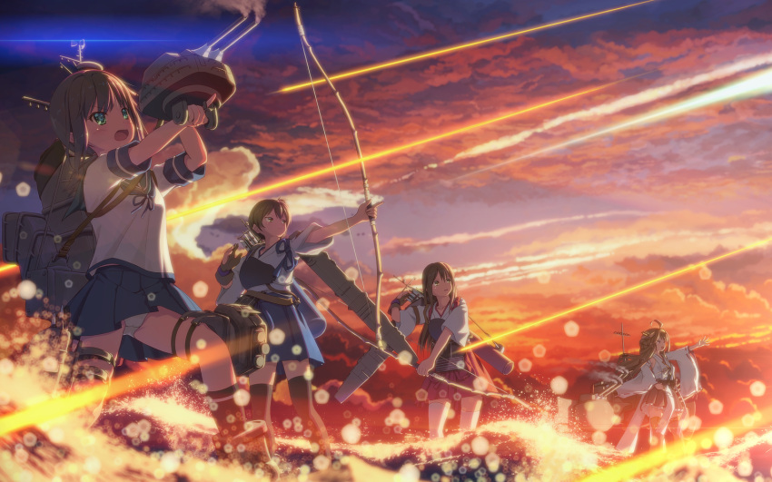 4girls, ahoge, akagi_(kantai_collection), black_hair, bow_(weapon), brown_hair, fubuki_(kantai_collection), hairband