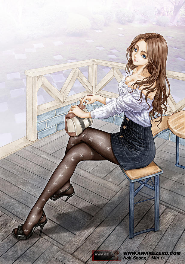 1girl, breasts, cleavage, long_hair, noh_seong-min, original, pantyhose, sitting