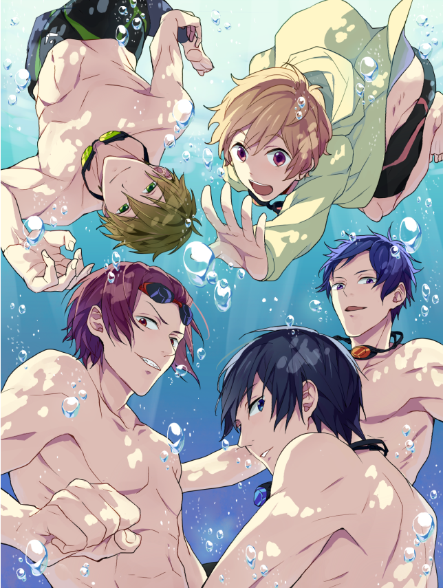 5boys, black_hair, blonde_hair, blue_eyes, brown_hair, bubble, chigira, free!, goggles, goggles_around_neck, green_eyes, hazuki_nagisa, hoodie, jammers, male_focus, matsuoka_rin, multiple_boys, nanase_haruka_(free!), open_mouth, pink_eyes, red_eyes, redhead, ryuugazaki_rei, smile, tachibana_makoto, underwater, violet_eyes
