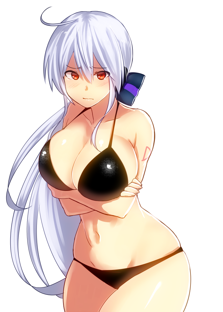 1girl, bikini, breast_hold, breasts, large_breasts, long_hair, noboes, red_eyes