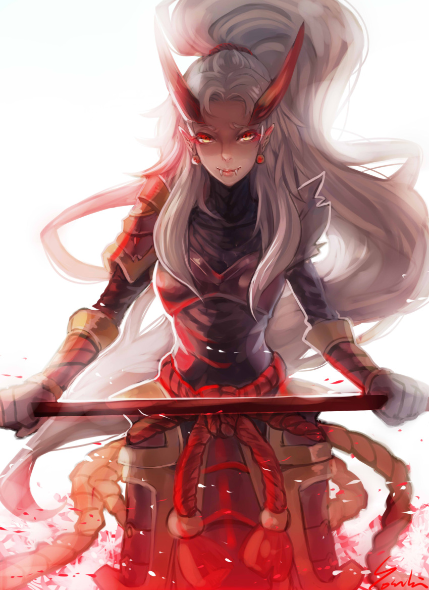 1girl, absurdres, alternate_costume, armor, fang_out, fangs, full_armor, highres, horns, kalista, league_of_legends, long_hair, looking_at_viewer, polearm, ponytail, red_eyes, smile, solo, spear, weapon, white_hair, yosuki_(yo_sukan)