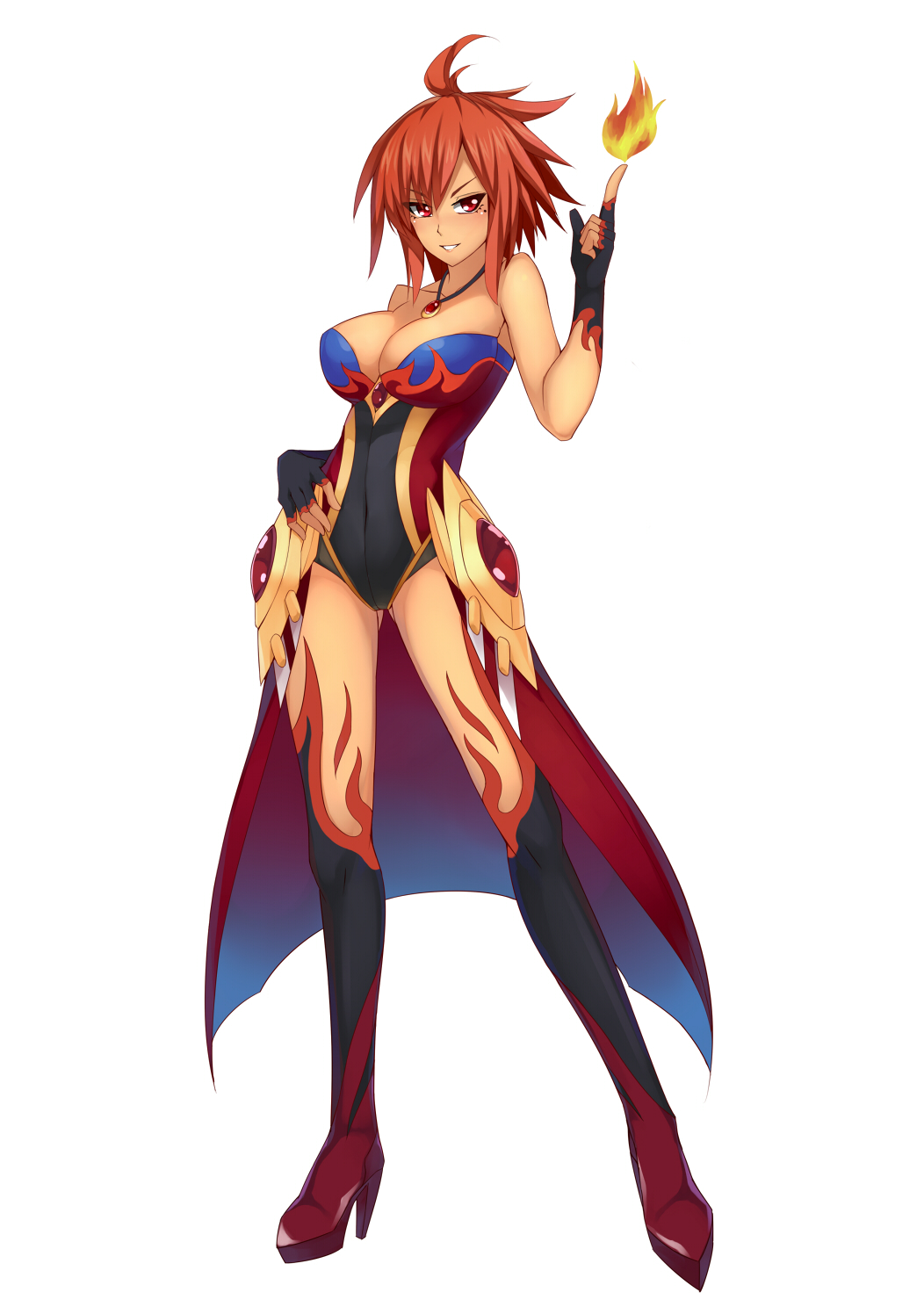 1girl, boots, breasts, dark_skin, elbow_gloves, fingerless_gloves, flame, gloves, hair_between_eyes, hand_on_hip, highres, jewelry, knee_boots, large_breasts, looking_at_viewer, messy_hair, mole, mole_under_eye, off_shoulder, orange_hair, original, pendant, red_eyes, simple_background, smirk, solo, ti-tang