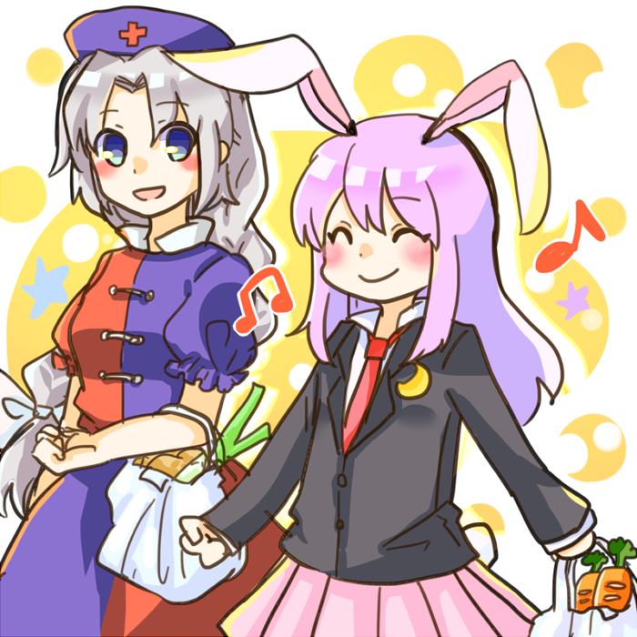 2girls, animal_ears, bag, black_legwear, blue_eyes, mayo_(mayomr29), multiple_girls, musical_note