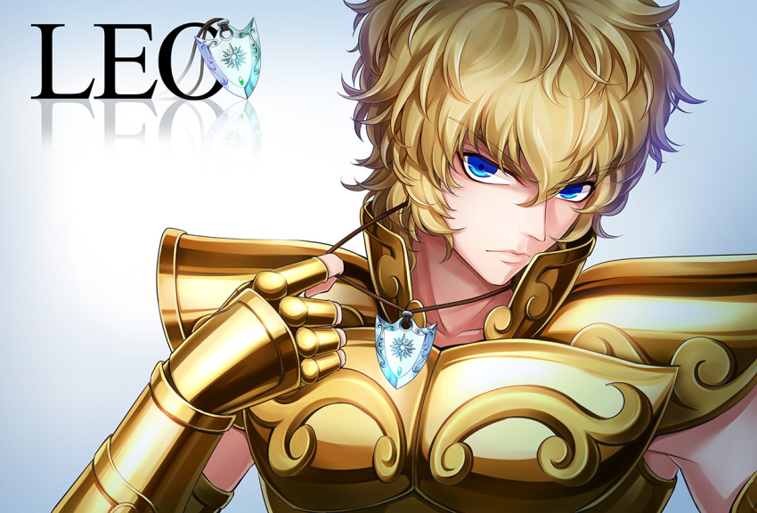 1boy, armor, blonde_hair, blue_eyes, full_armor, jewelry, leo_aiolia, male_focus