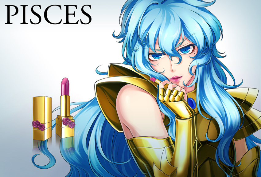 1boy, androgynous, armor, blue_eyes, blue_hair, full_armor, golden_armor, lipstick_tube