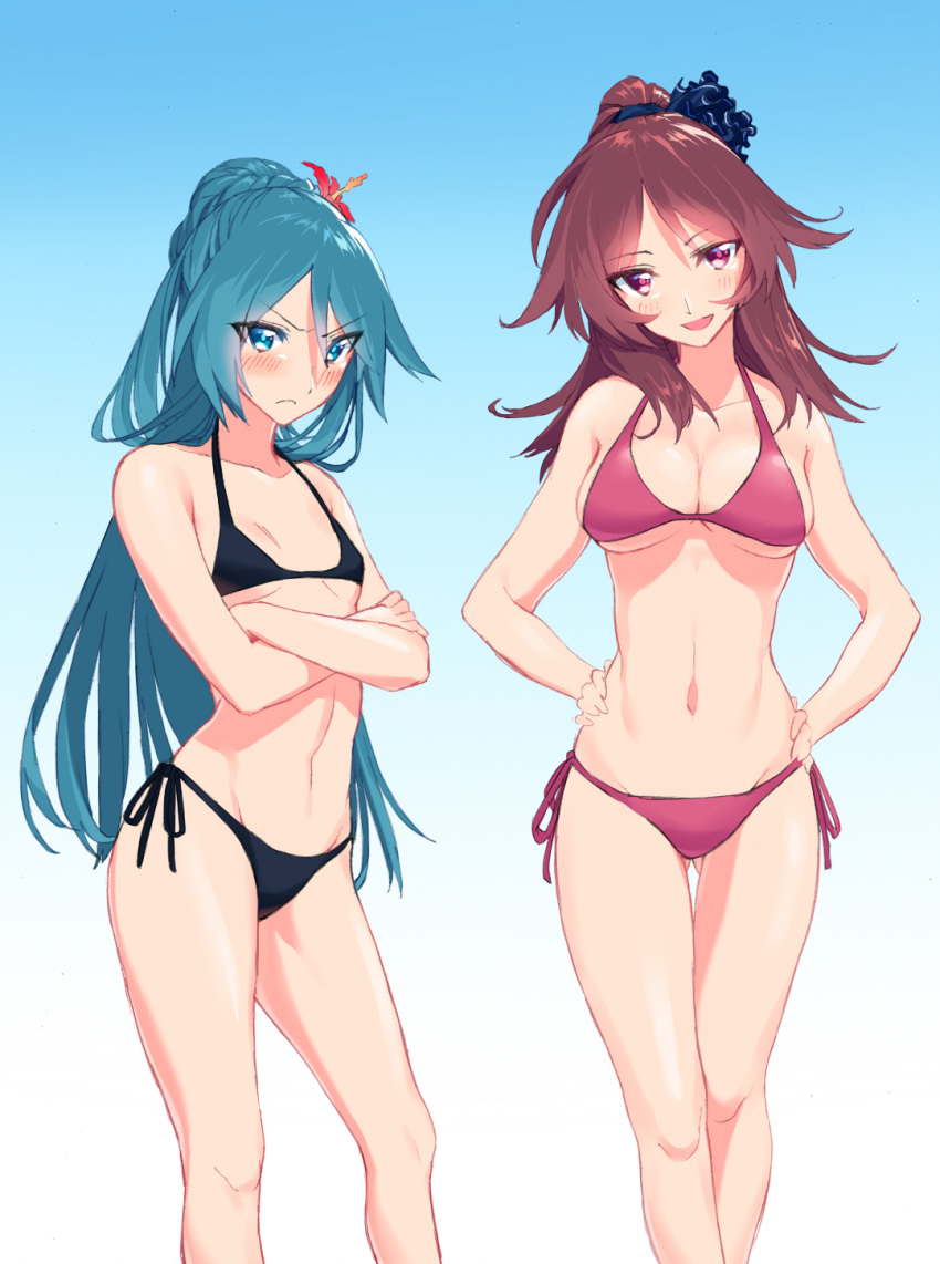>:(, 2girls, bikini, bikini_day, blew_andwhite, blue_bikini, blue_eyes, blue_hair