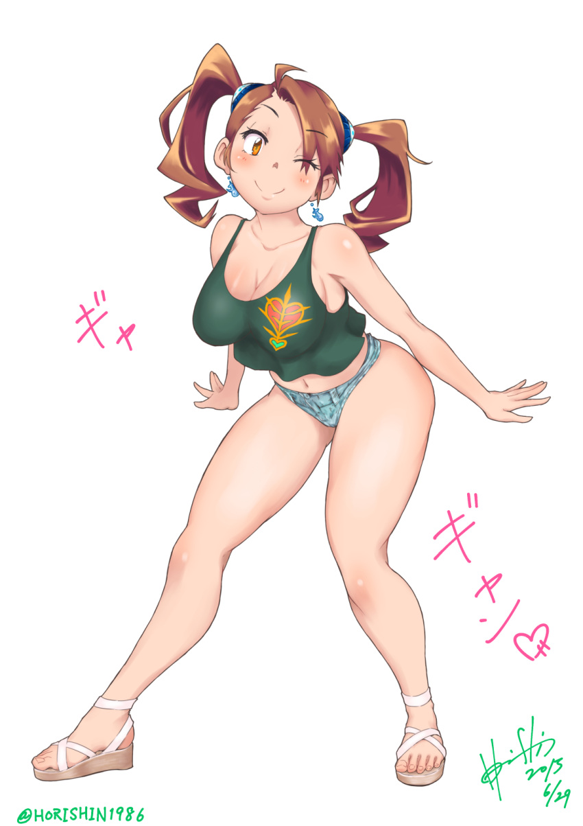 1girl, arms_at_sides, breasts, brown_hair, eyes_visible_through_hair, full_body, gundam, gundam_build_fighters
