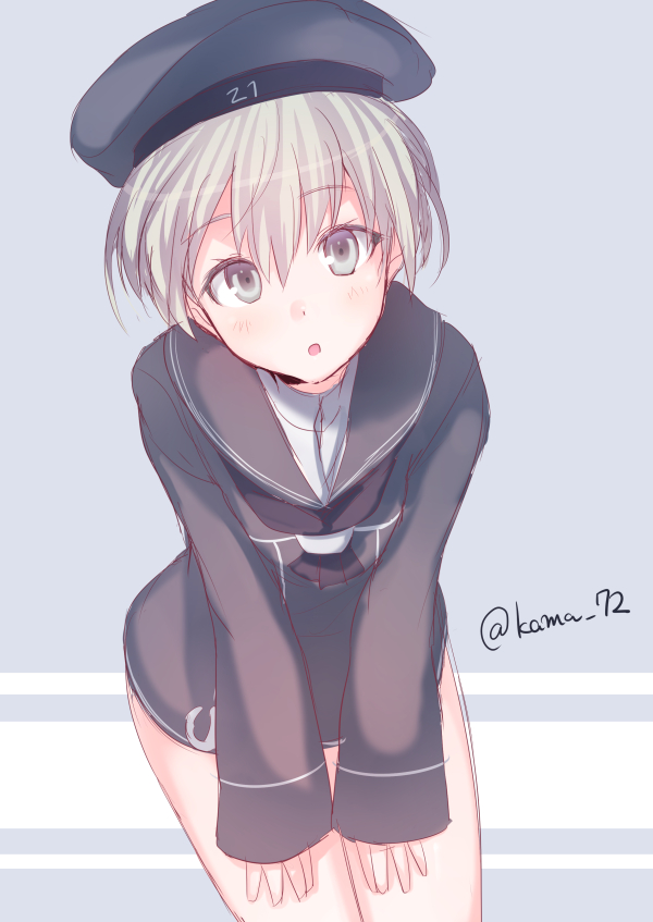 1girl, bare_legs, beret, blue_eyes, blush, bottomless, clothes_writing, hair_between_eyes