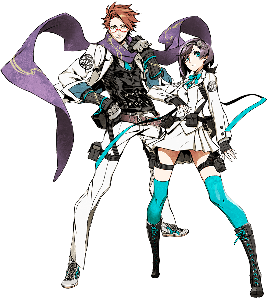 7th_dragon_iii, aqua_eyes, black_hair, boots, fingerless_gloves, glasses, gloves, miwa_shirou
