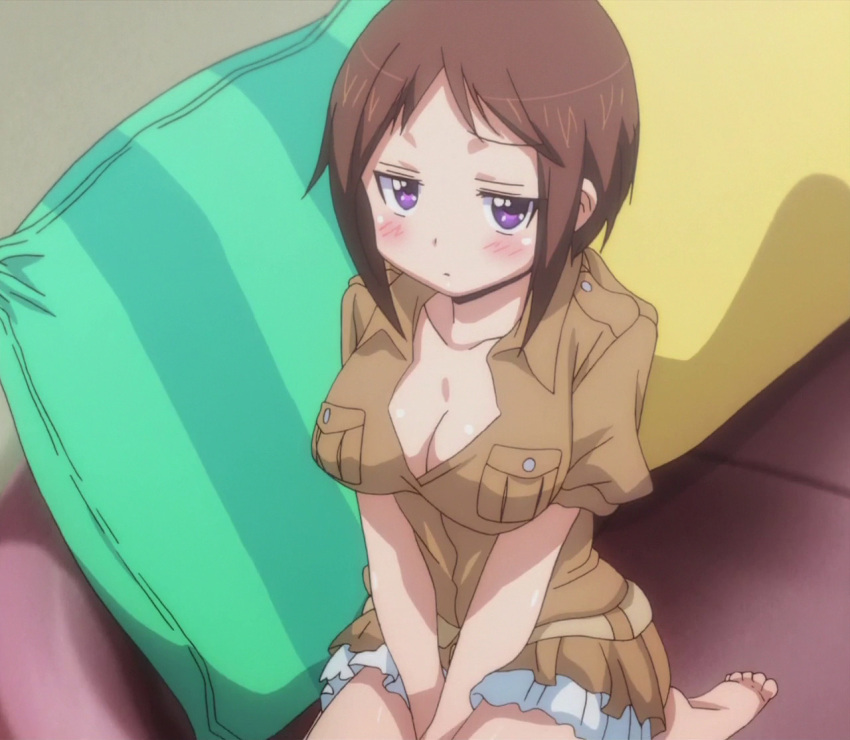 1girl, blush, breasts, brown_hair, cleavage, okusama_ga_seito_kaichou!, screencap, short_hair