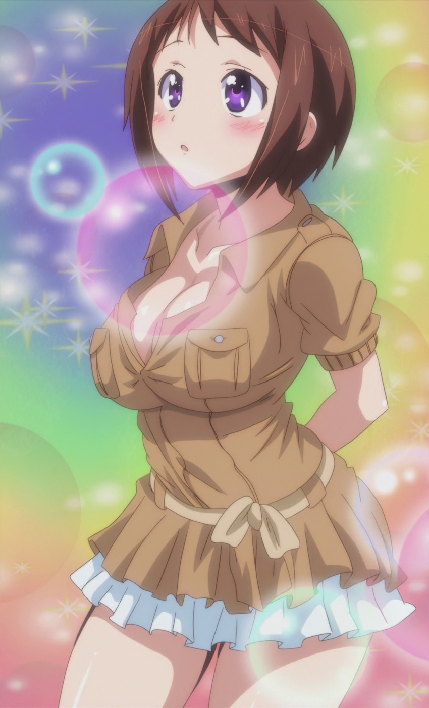 1girl, breasts, brown_hair, cleavage, highres, okusama_ga_seito_kaichou!, pleated_skirt, screencap