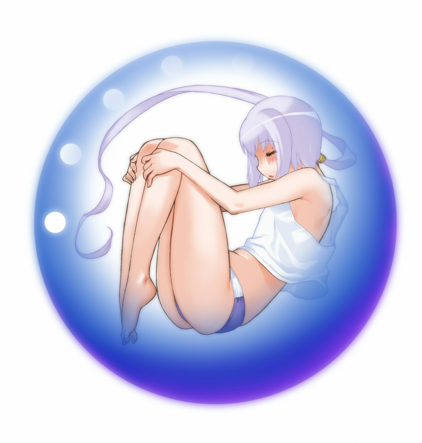 1girl, barefoot, bubble, crop_top, fetal_position, hands_on_legs, highres, legs_folded