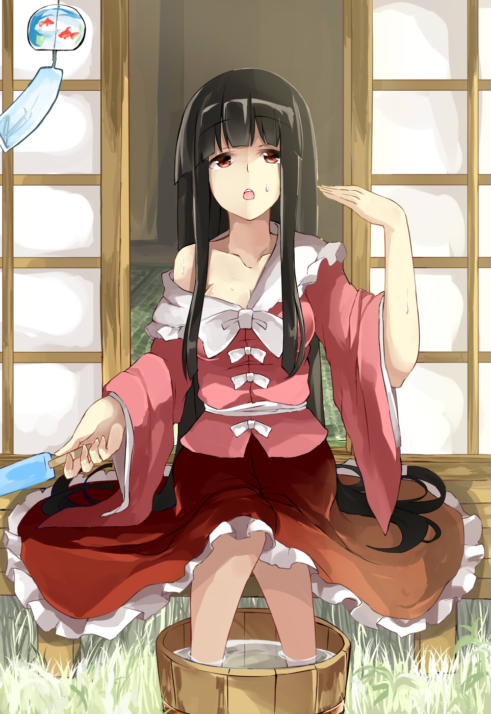 1girl, black_hair, breasts, cleavage, collarbone, deetamu, dress, fanning_self