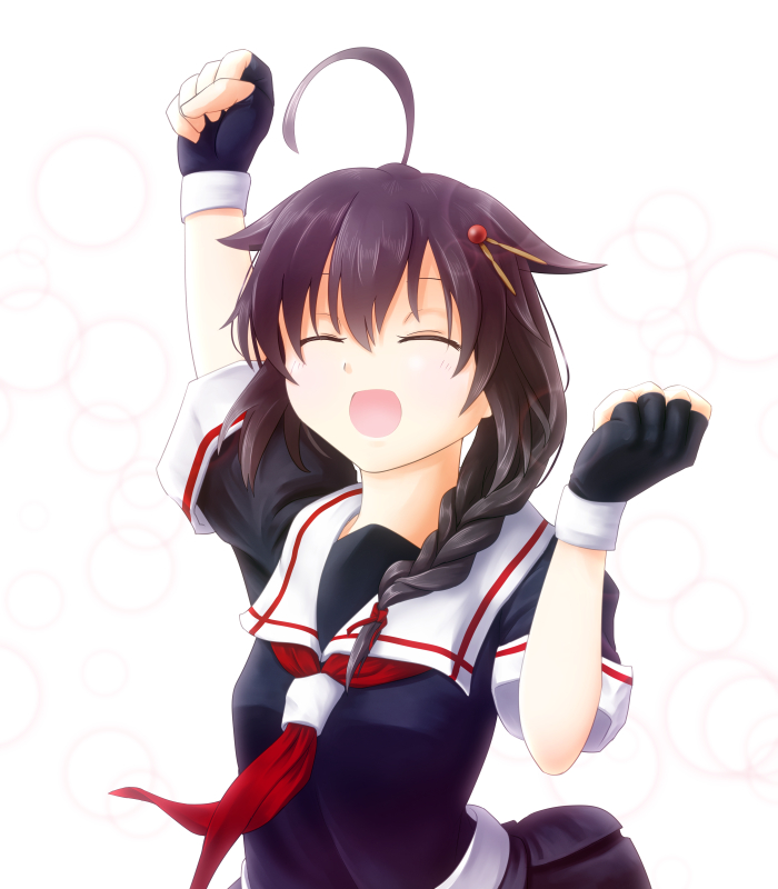 1girl, ahoge, braid, brown_hair, closed_eyes, commentary, fingerless_gloves, gloves